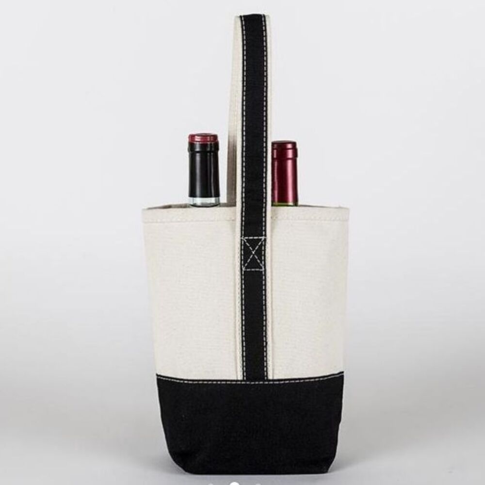 ShoreBags Ivory Black Canvas Double Bottle Wine Nautical Style Tote Bag